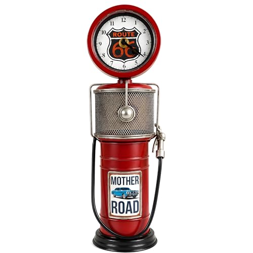 FzlsR Route 66 Vintage Gas Pump Table Clock with Coin Bank - 13' Retro Metal Desktop Decor with Silent Non-Ticking Quartz Movement | Americana Piggy Bank for Man Cave, Garage & Rustic Bar Decor (Red)
