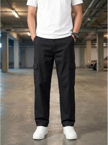 Image of Men's Cargo Trousers-100% Premium Cotton Regular Fit Lightweight Breathable Elastic Waist Multi-Pocket Casual Utility Pants