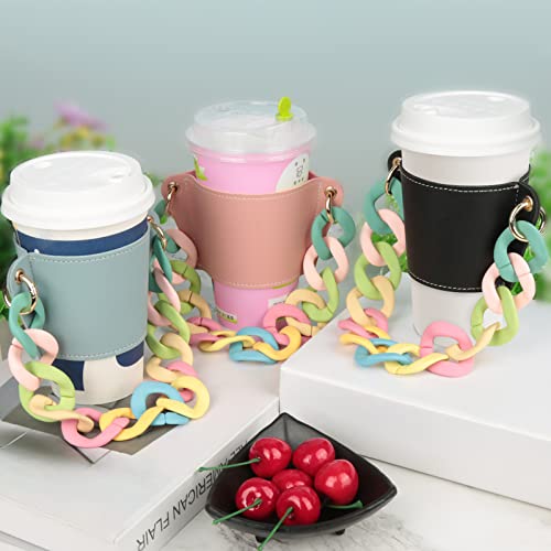 Hongtt Cup Sleeves For Cold Drinks, Reusable Leather Coffee Cup Holder With Decorative Chain,Portable Stylish Cold Drink Holder For Coffee Tea Drinks (Pink) #TOP1