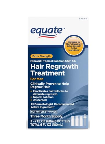 Equate Hair Regrowth Treatment for Men Extra Strength 3 Month Supply 2 oz Bottles 3 Count -Topical treatment for hair loss Minoxidil 5%.
