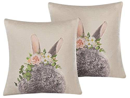Set Di 2 Cuscini Decorativi In Cotone Tortora Stampa Coniglietto Pasquale 45 X 45 Cm Quadrati