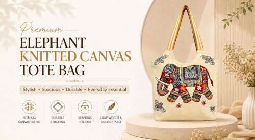 Image of Elephant Print Canvas Tote Bag for Women, Ethnic Shoulder Handbag with Multicolor Elephant Design, Dual Handle Everyday Carry Bag for Shopping, Office, College, Travel & Daily Use