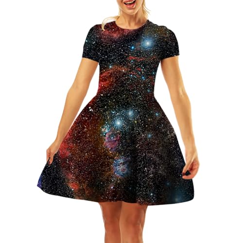 Robe T-Shirt A-Ligne pour Femmes avec Impression Numérique Ciel Étoilé