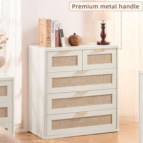 Image of LEYAOYAO White Dresser for Bedroom, 33.5 inch Tall Chest of Drawers, Modern 5 Drawers Boho Rattan Dressers with Storage, Dresser Wooden Closet Organizer for Living Room, Hallway