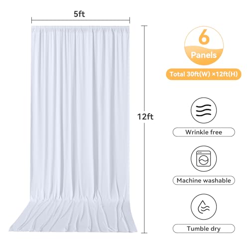 Image of 30ftx12ft White Backdrop Curtains for Wedding Parties, Wrinkle Free 6 Panels Silky Polyester 12 ft Long Photo Backdrop Drapes Back Drop Cloth Drapery for Birthday Photography Background Curtains