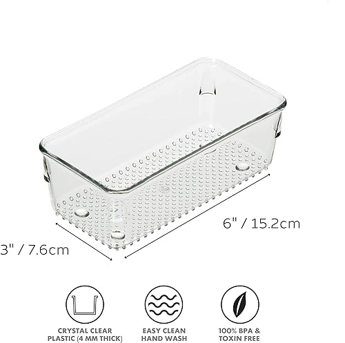 Image of Clear Plastic Drawer Organizers Set, Versatile Bathroom and Vanity Drawer Organizer Trays, Storage Bins for Makeup, Bedroom, Kitchen Gadgets Utensils and Office (4 PC SET)
