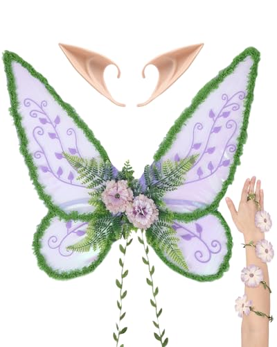 RENEMEGO Purple Fairy Wings Costume - 3 PCS Elf Ears Butterfly Wings with Leaves Flower Arm Wrap Mother Nature Costume Renaissance Renfaire Fantasy Party Dress Up Halloween Accessories