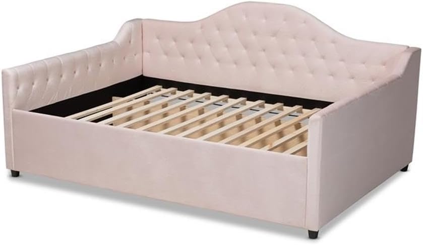 BOWERY HILL Contemporary Velvet Upholstered Queen Daybed, Pink Finish, Solid Rubberwood and MDF Construction, Button Tufted, Tapered Feet, Stylish Bedroom Furniture