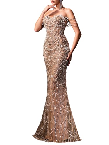 VOUIAO Women's Formal Evening Dress with Pearl Decoration, Strapless, Bodycon Graduation Wedding Bridesmaid Dress Skirt. Champagne S