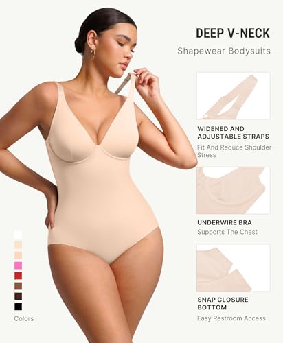 Image of FeelinGirl Shapewear Bodysuits for Women Tummy Control Deep V Neck Body Suits with Adjustable Straps Tops