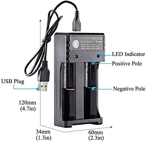 Mini Smart Battery Charger, 2 Slot with USB Port Suitable for 3.7V Li-ion Rechargeable Batteries of 10440(AAA) 14500(AA) 14650 16340 16650 18350 18500 18650 21700 26650, (Battery Not Included)