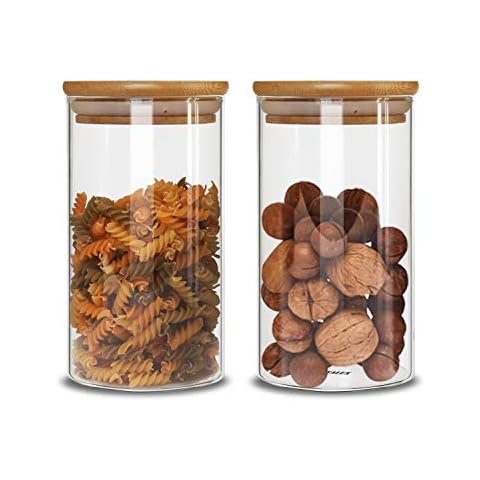 IDEALUX Glass Storage Jars Set of 2(25oz/750ml) with Airtight Seal Wooden Lid Stackable Kitchen Canisters for Candy, Coffee Bean Cookie, Rice, Sugar, Flour, Pasta, Nuts, Coffee Cover