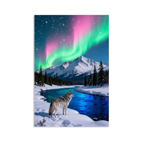 Hau3sh3a imprimée sur toile murale Aurores boréales avec rivière Peinture sur ToileLobo de río rosa y verde Tableau Décoration pour salon chambre à coucher animal 75x50cm(30x20in) poster