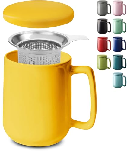 Cosumy Taza de Te con Filtro y Tapa 500ml - Ceramica - Mantiene Caliente la Infusion - Apta para Lavavajillas (Amarillo)