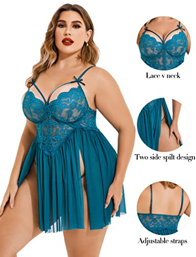 Image of Avidlove Plus Size Lingerie Lace Babydoll Womens Strap Chemise Nightgown V Neck Nighty Mesh Sleepwear Side Slit Nightdress