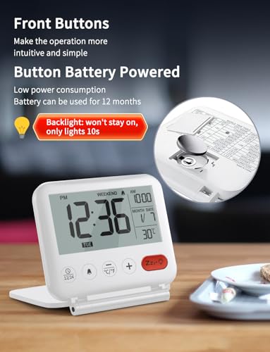 Image of NOKLEAD Digital Travel Alarm Clock - 3.23 inch LCD Display, Temperature, 9-Minute Snooze, 10s Backlight, Battery Included (White)