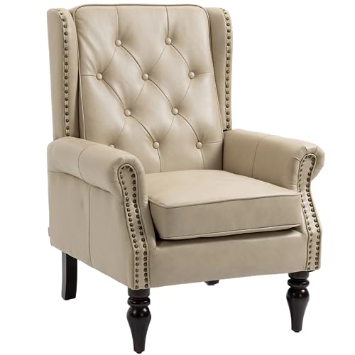 Mid-Century Wingback Chair, PU Leather Accent Chair with Buttons, Modern Living Room Lounge Sofa Chair with Rivet Decoration,Single Club Armchair for Bedroom Home Reception(PU Camel)