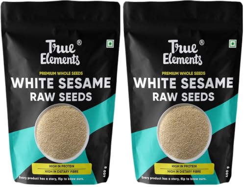 Image of True Elements Raw White Sesame Seeds 400gm - 100% Clean and Natural White Til | Safed Til Seeds for Eating | Everyday Essentials Indian Spices | Non - GMO | Antioxidant rich | (Pack of 2)