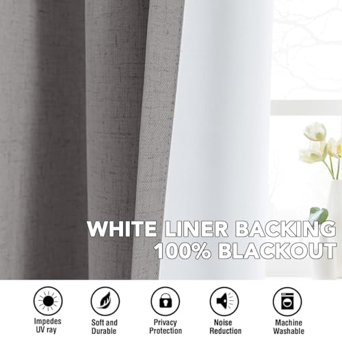 Image of H.VERSAILTEX Linen Curtains 100% Blackout Curtains for Bedroom 120 inch Long Full Light Blocking Nature Linen Blended Window Curtains for Living Room Nickel Grommet (2 Panels, Heathered Dove)