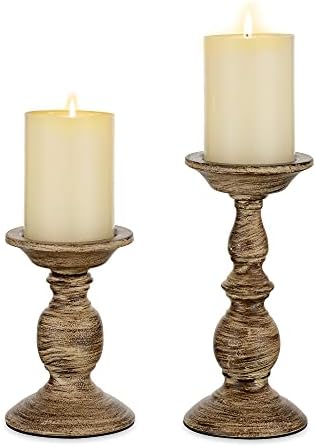 Sziqiqi 2Pcs Vintage Pillar Candle Holders Set, Distressed Metal Candlestick Holder Shabby Chic Candle Stand Table Candleholder Centrepiece Ornaments for Living Room Coffee Dining Mantelpiece Decor