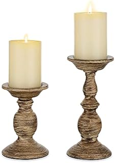Sziqiqi 2Pcs Vintage Pillar Candle Holders Set, Distressed Metal Candlestick Holder Shabby Chic Candle Stand Table Candleholder Centrepiece Ornaments for Living Room Coffee Dining Mantelpiece Decor