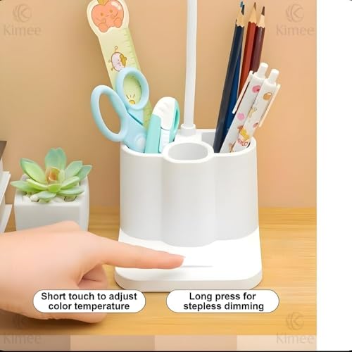 Image of Kimee Rechargeable LED Desk Lamp with Pen Holder & Phone Stand - Touch Control Study Lamp for Students, 3 Color Modes, Flexible Gooseneck, Eye-Care Table Lamp for Kids, Office & Home Work (White)