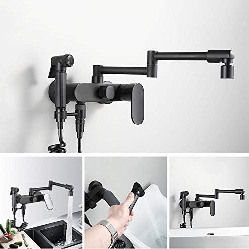 WallMounted Kitchen Faucet with Swivel Spray 2Handle Hot & Cold Water Mixer Black Brass Laundry Sink Tap Dual Function for Kitchen & Laundry Use