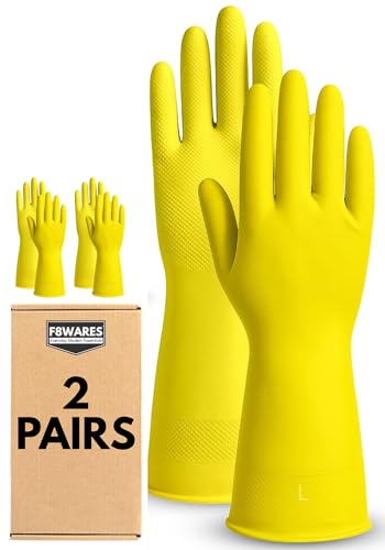 Image of F8WARES Reusable Rubber Hand Gloves for Cleaning, Kitchen, Dishwashing Utensils, Gardening, Industrial, Safety, Construction & More - Waterproof Bathroom & Toilet Washing Glove (Yellow, 2 Pairs)