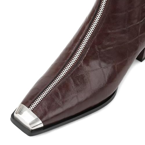Husmeu Womens Ankle Boots Low Chunky Heel Short Genuine Leather Zip Up Metal Toe Fall Booties with Front Zipper3