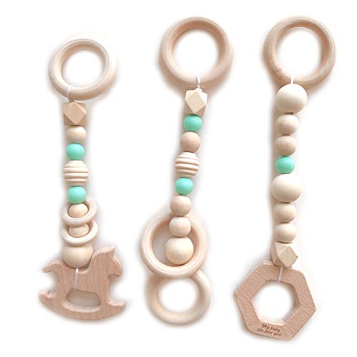 VIccoo 3 Piezas/Set Estilo nórdico Dibujos Animados de Madera Maciza Estante de Fitness Colgante Decoración de la habitación de los niños Bebés y bebés Adornos Colgantes de Juguete de Anillo - Verde