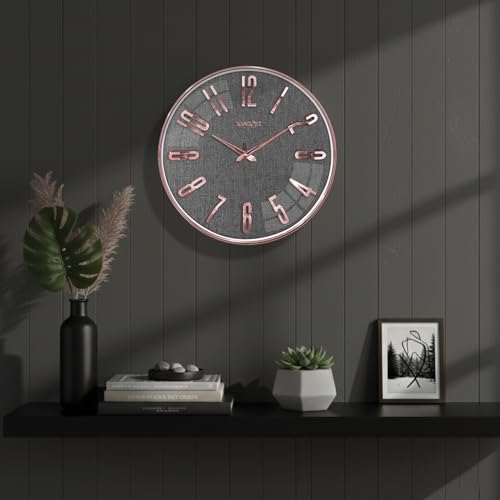 Image of RANDOM Sweep Silent Wall Clock, Non-Ticking Quartz Movement with 3D Foiling Numbers. (Rose Gold and Grey)