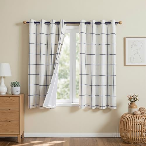 Image of MYSKY HOME 100% Blackout Plaid Linen Farmhouse Curtains 45 Inches Long 2 Panels - Double Layer Thermal Insulated Checkered Print Grommet Top Drapes for Living Room Bedroom, Pack-2, 52 inchWide, Navy Blue