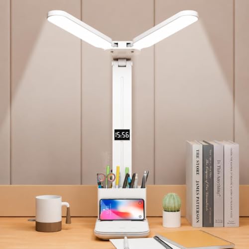 Image of DRAYA DEAL'S SmartTwin Pro Design Rechargeable LED Table Lamp Dual Arm Desk Light with Fan & Phone Holder Touch Control Dimmable Study Lamp 2400mAh Battery USB Powered (White)