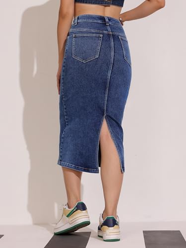 Image of Dolce Crudo Women's Flared High-Rise Stretchable Denim Maxi Skirt