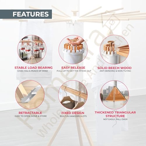 Image of Foldable Tripod Clothes Drying Rack, Floor Standing Laundry Dryer with 16 Solid Beech Wood Poles | Multi-Way Rotatable Cloth Stand, Heavy-Duty, Collapsible & Lightweight, 3.9 ft Drying Length