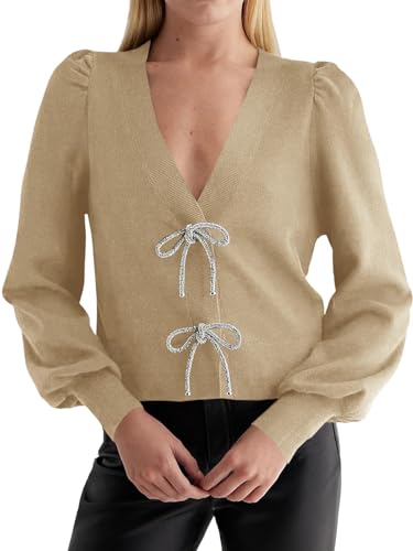 Image of Saodimallsu Womens Bow Button Front Cardigan Sweaters V Neck Cropped Knit Sweater