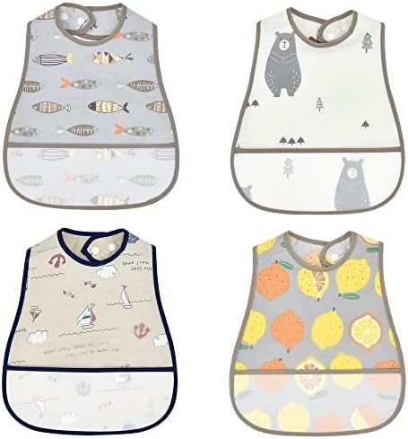 Baby Waterproof Bibs with Food Scraps Catcher Pocket Soft Adjustable Snaps Feeding Bibs For Infants Toddlers Boys and Girls