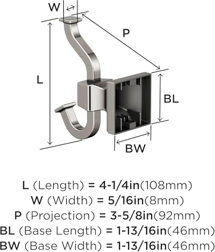 Image of Amerock Mulholland Double Prong Brushed Nickel Wall-Mounted Hook | Decorative wall hook in durable zinc construction for coats, hats, bags, towels, and everyday organization