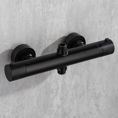 Ronvie Thermostatic Shower Mixer Bar - Two Outlet Wall-Mounted Brass Valve, 38°C Safety Lock & Cool Touch Surface with 1/2" G Top & Bottom BSP Connections, Matte Black (Round)