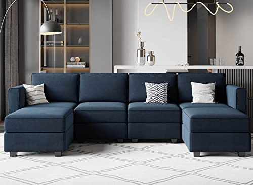Belffin Modular Sectional Sofa U Shaped Velvet Couch With Reversible Chaise Modular Oversized Couch Sectional Sofa With Ottoman Blue #TOP14