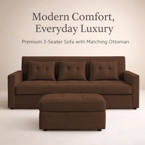 Image of Emilio 3 Seater with Ottomon Pull-Out Sofa Cum Bed (Brown Color) Premium Fabric Sofa Set for Living Room | Bedroom