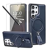 Butaiga for Samsung Galaxy S25 Ultra Leather Case with Stand, Anti-Slip Grip Ring, Fits for MagSafe (Navy, S25 Ultra-6.9inch)