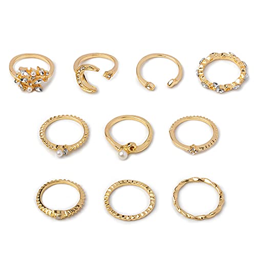 Prosy Boho Kristall Pailletten/Blume/Halbmond/Welle/Stern/Herz/Opal Knuckle Rings Set Gold Finger Joint Stapelbarer Ring für Frauen und Mädchen (Style D) Cover