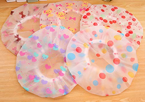 Reusable Waterproof Shower Caps ，EVA Plastic Lace Elastic Band Flower Printed Hat Environmental Protection Hair Bath Caps Shower Caps（5Pack）
