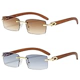 Heptagram Rectangle Fashion Rimless Sunglasses for Women Men Gangster 90s Frameless Shades Retro Vintage Trendy Eyewear (2 PCS-Brown+Gradient Grey Lens)
