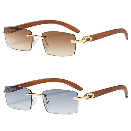 Heptagram Rectangle Fashion Rimless Sunglasses for Women Men Gangster 90s Frameless Shades Retro Vintage Trendy Eyewear (2 PCS-Brown+Gradient Grey Lens)