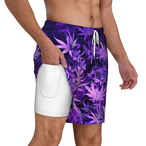 Purple Weed Marijuana Leaf Men's Double Layer Swim Trunks Beach Shorts with Compression Liner Swimwear