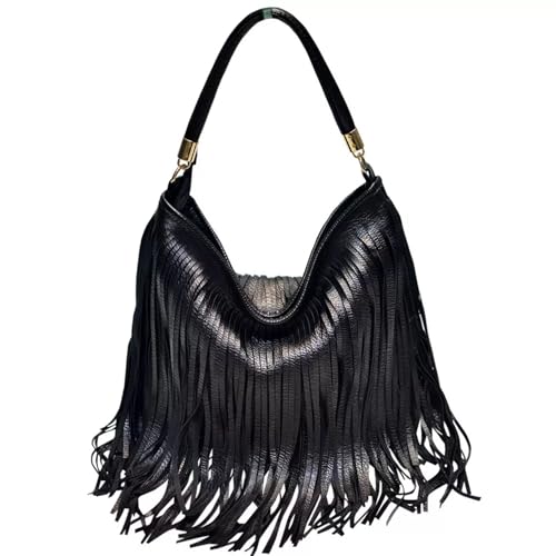 IAMUHI Bolsa de ombro casual com franjas rebites para mulheres, bolsa tiracolo hippie de couro vegano macio bolsa Hobo, E preto, One Size