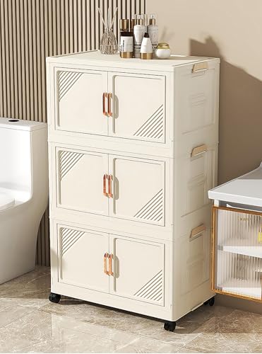 House of Quirk Plastic Storage Bins for Closet Organizers, Folding Storage Box, Stackable Storage Bins with Open Front Door, Collapsible Storage Bins 45cm (4 Layer, Beige) 3 41RBDcO2DpL