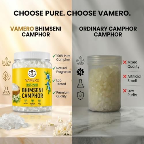 Image of VAMERO Bhimseni Camphor 500g | 100% Pure Pacha Karpooram, Bhimseni Kapoor Original, Pooja, Bheemsen kapoor, Arti, Meditation, Electric Diffuser (Bhimseni Original, 500g)